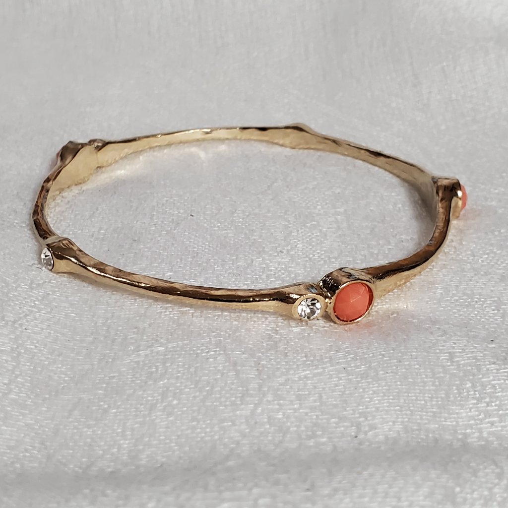 Goldtone Coral Bead Rhinestone Bangle Bracelet 966